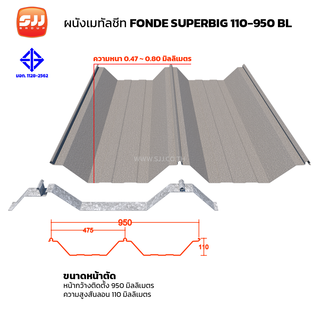 หลังคา เมทัลชีท ลอนพิเศษ ลอนคลิปล็อค FONDE SUPERBIG 110-950 BL มี มอก.